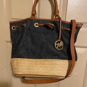 Michael kors straw and denim tote bag